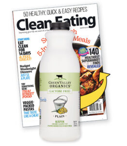 Bottle of plain Kefir in front of Clean Eating magazine 