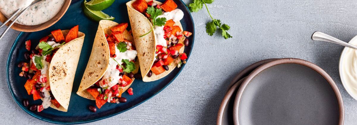 sweet potato tacos with lime cilantro crema