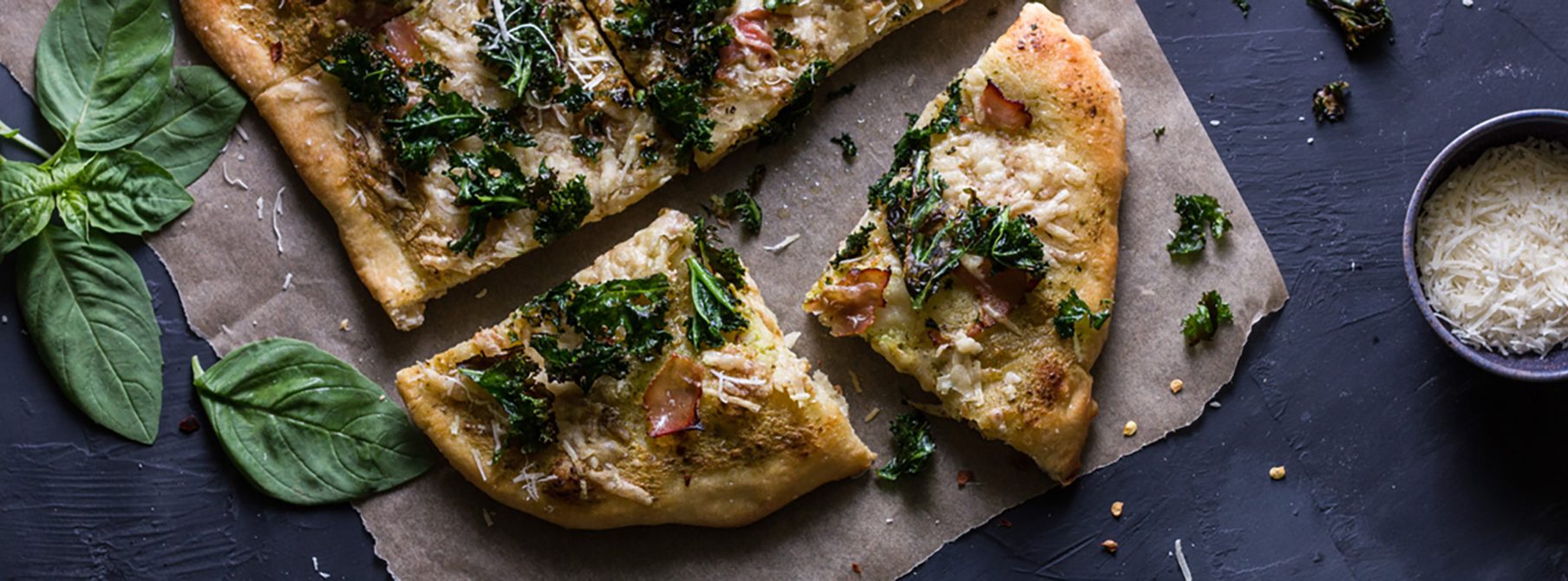 Ham & Kale Pizza with Basil Cream Sauce