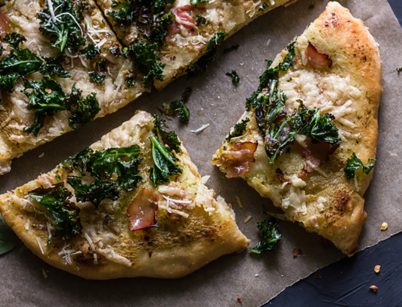 Ham & Kale Pizza with Basil Cream Sauce