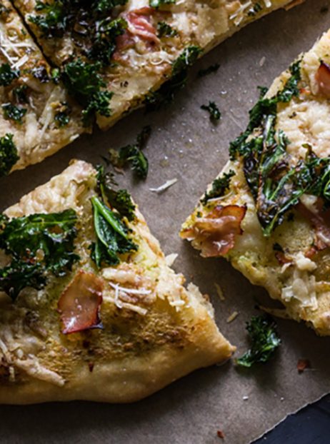 Ham & Kale Pizza with Basil Cream Sauce